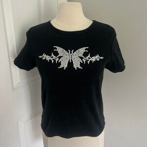 VINTAGE BLACK FIORLINI INTERNATIONAL RHINESTONE BUTTERFLY BABY TEE